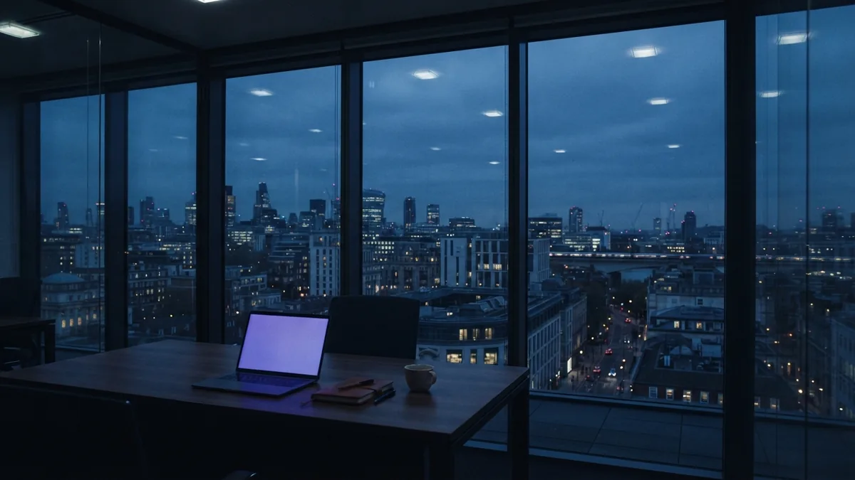 Quiet European office at dusk suggesting care with business risk