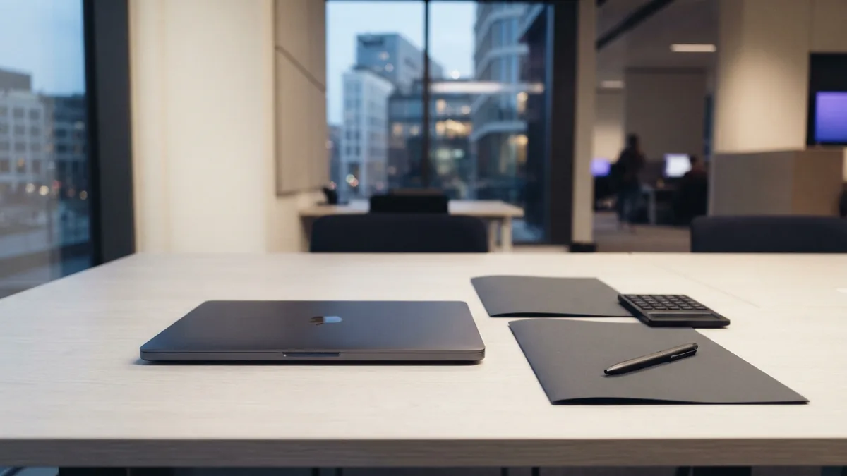 Organized business setup desk with folders, calculator, pen, and closed laptop