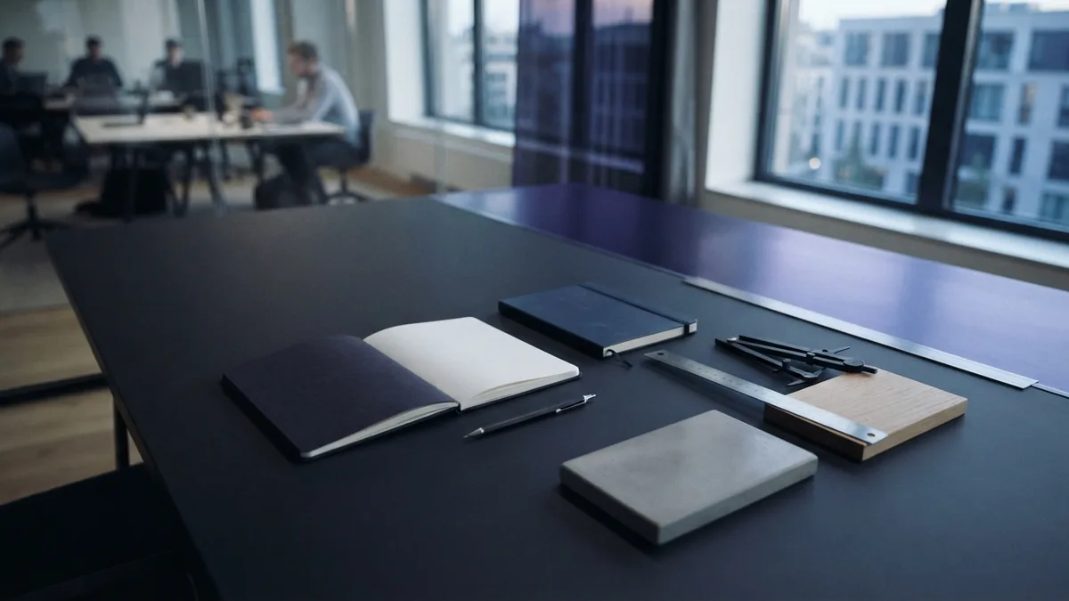Meeting table with contractor tools and material samples for budget planning