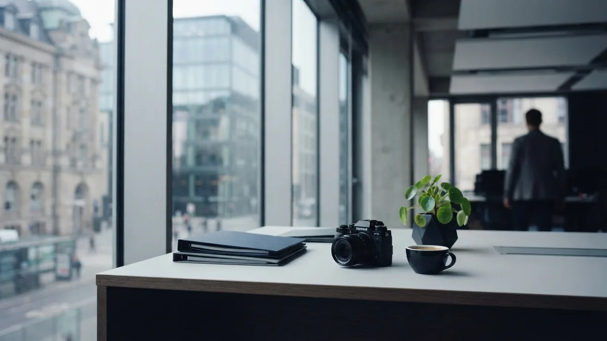 Modern contractor marketing workspace with camera, folders, coffee, and glass walls