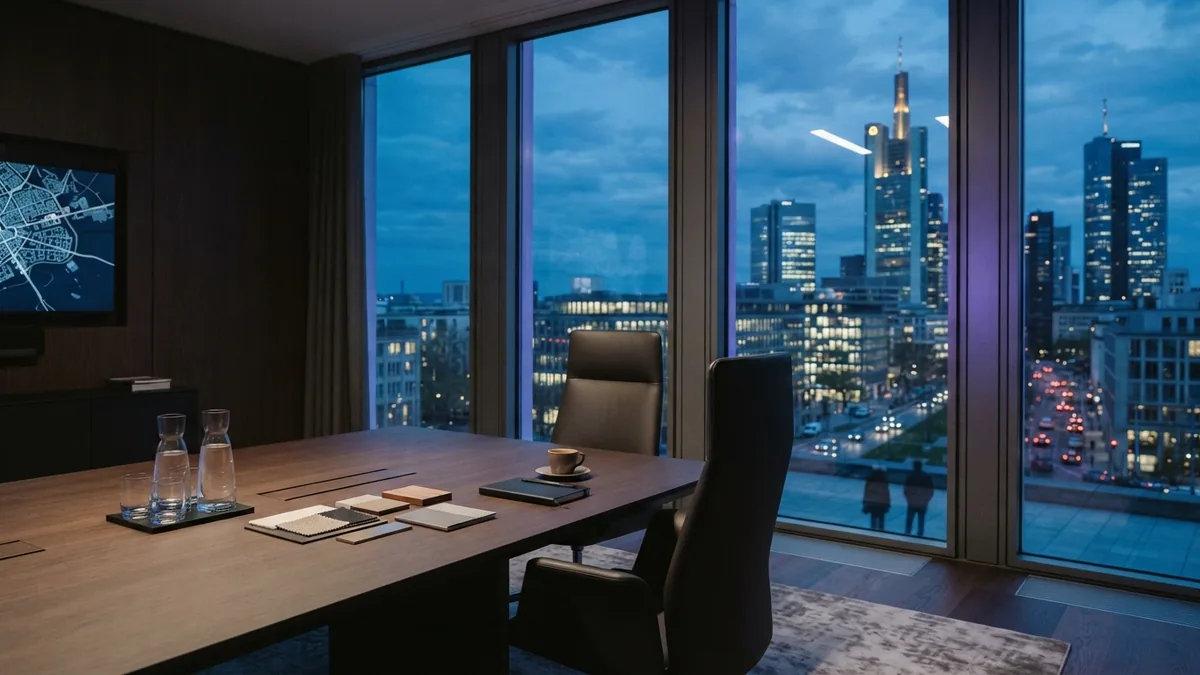 Professional client meeting room Quiet boardroom with sample materials and city view for client meetings