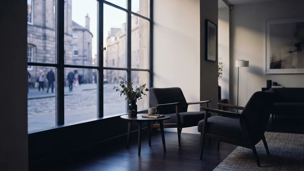 A salon setting for local market research Salon waiting area beside a large window, with a calm street view and simple furnishings