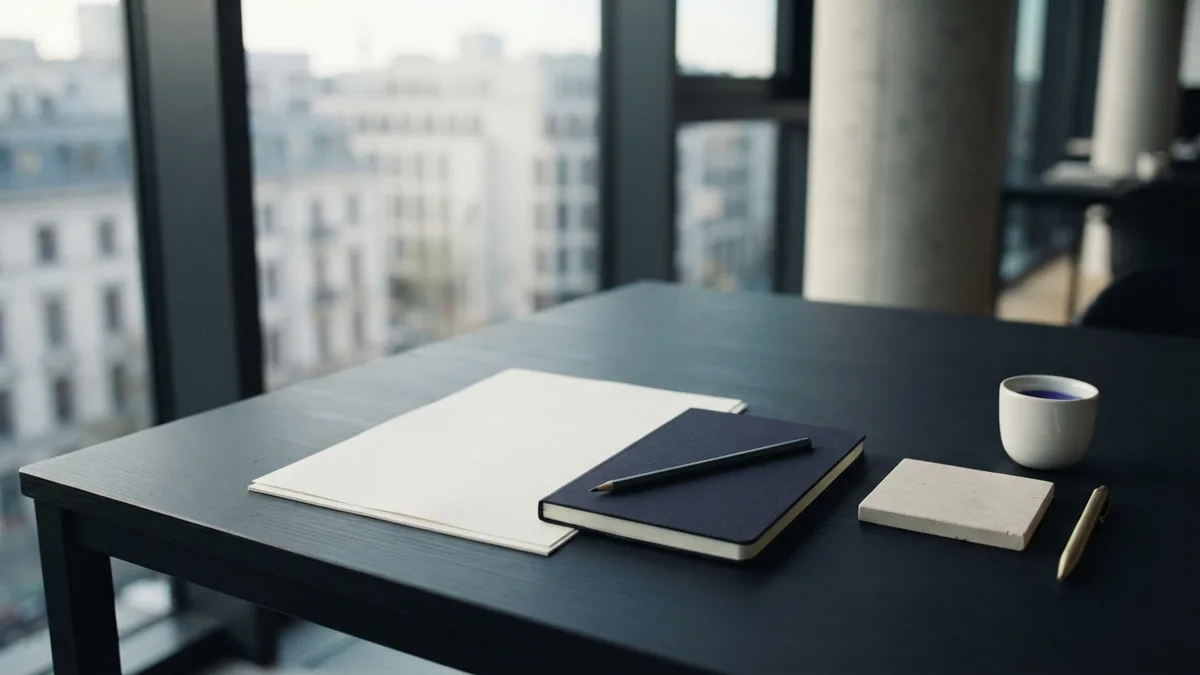 Salon planning desk with a blank notebook and simple materials near a window