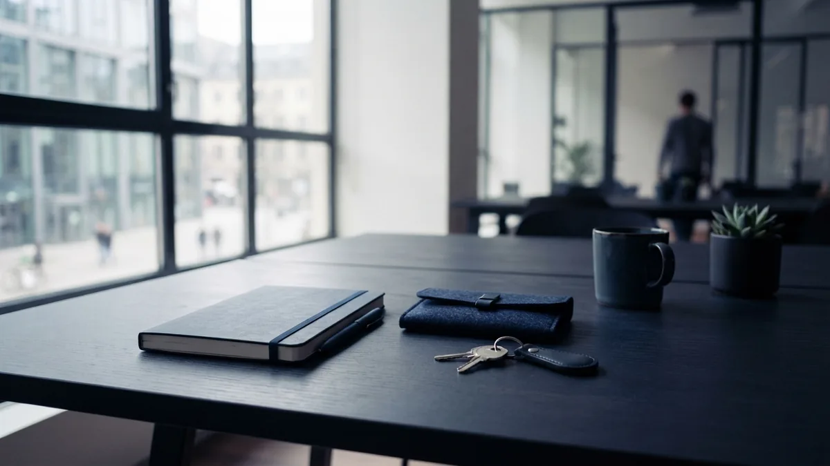 A co-working desk with a compact case and planning items for a mobile testing service