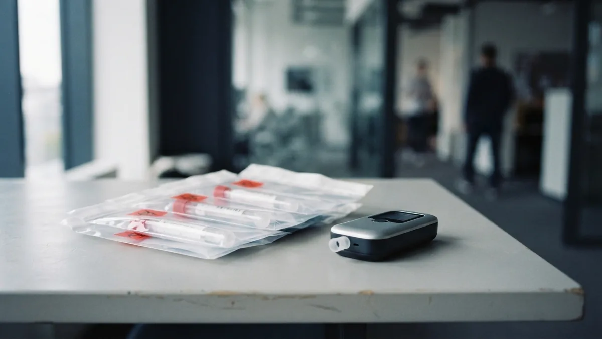 Supplies for safe sample handling Sealed specimen transport supplies and a breath testing device on a clean work surface
