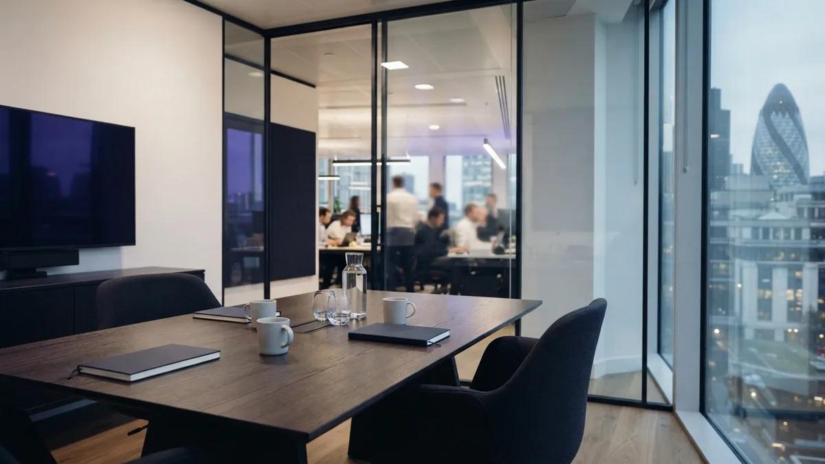 An understated glass meeting room prepared for a discussion with a laboratory partner