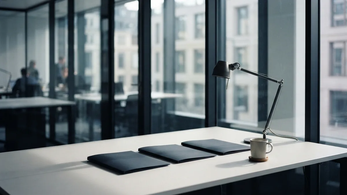 Organized licensing workspace Organized licensing workspace with blank folders and glass walls in a cool office