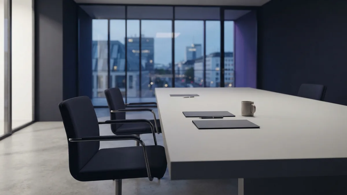 Minimal lending meeting room Minimal European meeting room with blank folders and empty chairs for lending planning