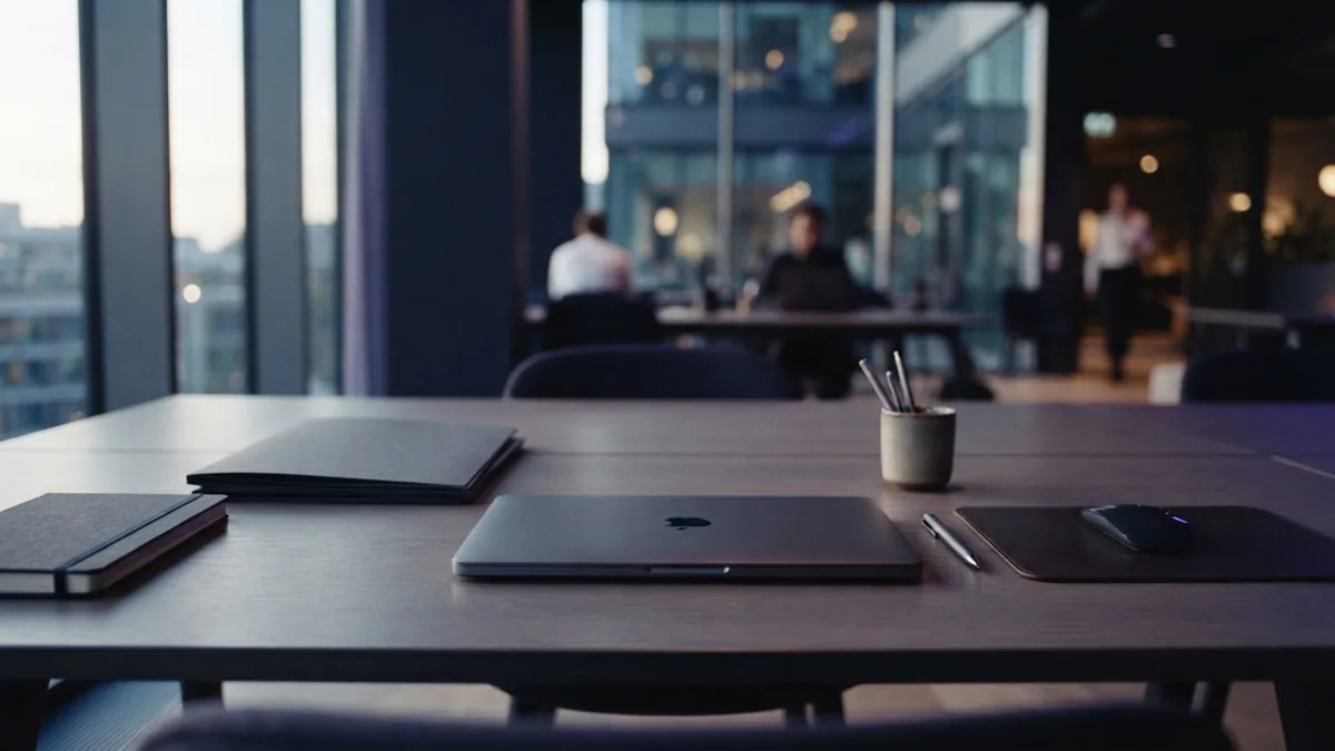 Orderly co-working desk with blank folders and office tools in soft cool daylight