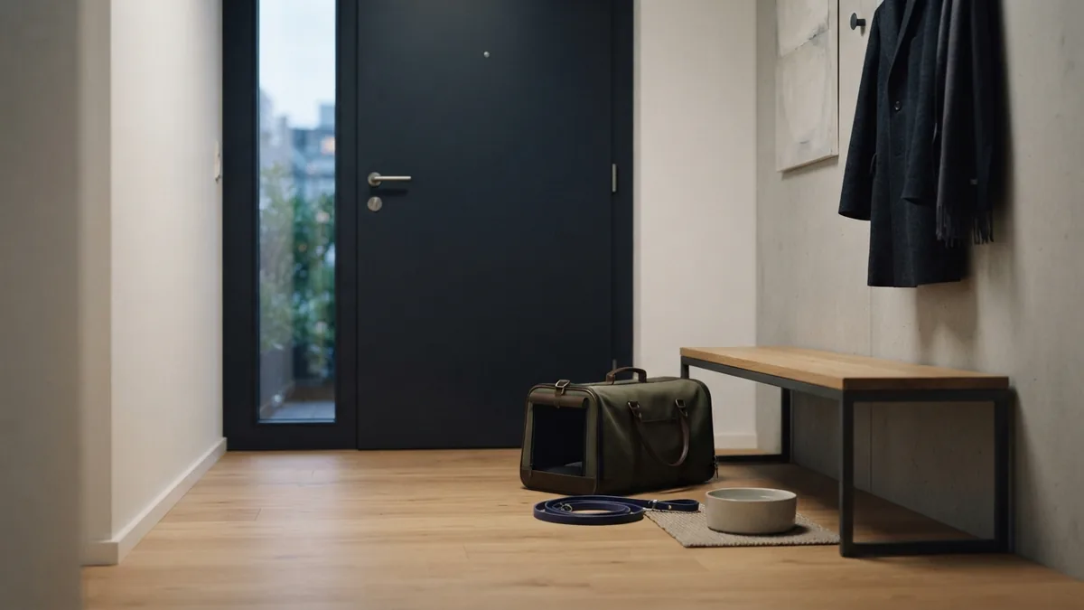 Pet care supplies arranged in a tidy apartment entryway for planned visits