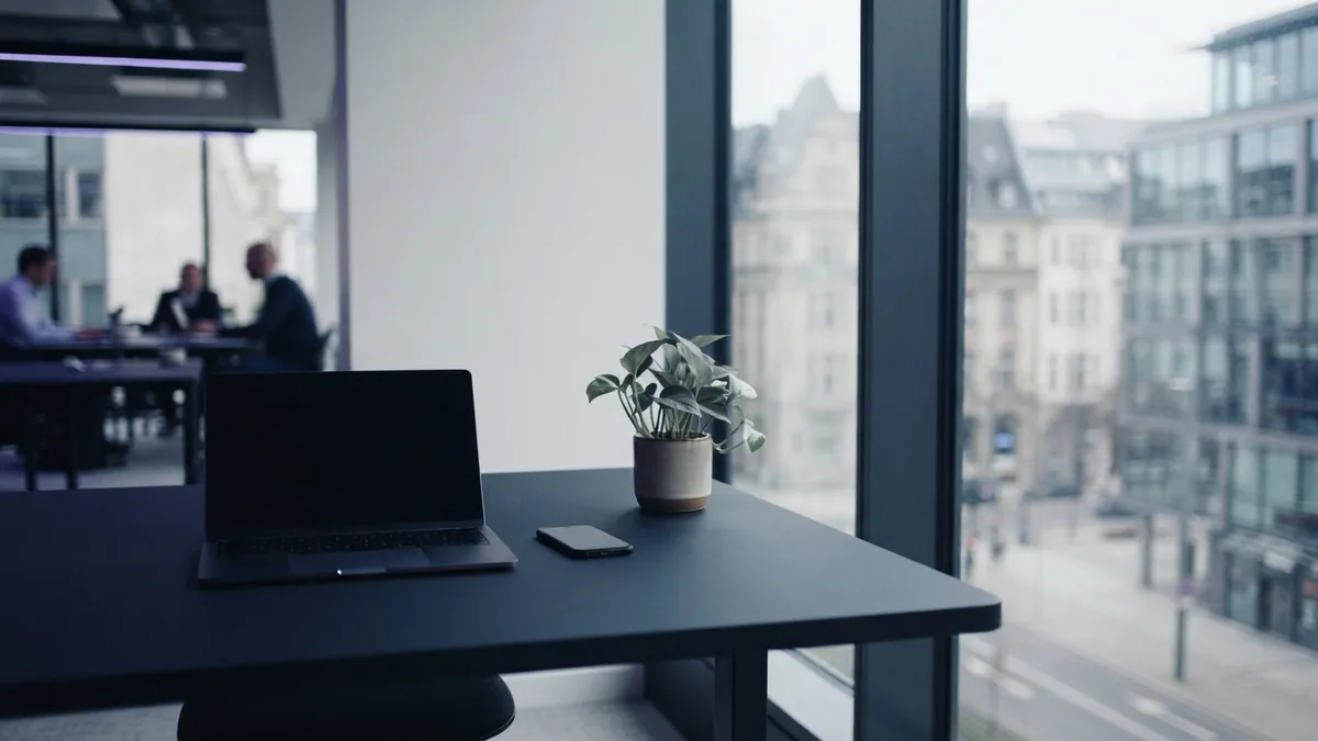 A simple online work setup A simple office desk with a closed laptop in soft light beside a window