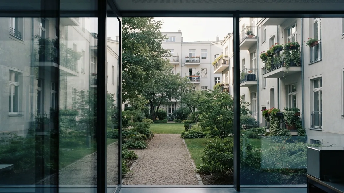 A residential property management setting European rental building and shared courtyard in soft daylight