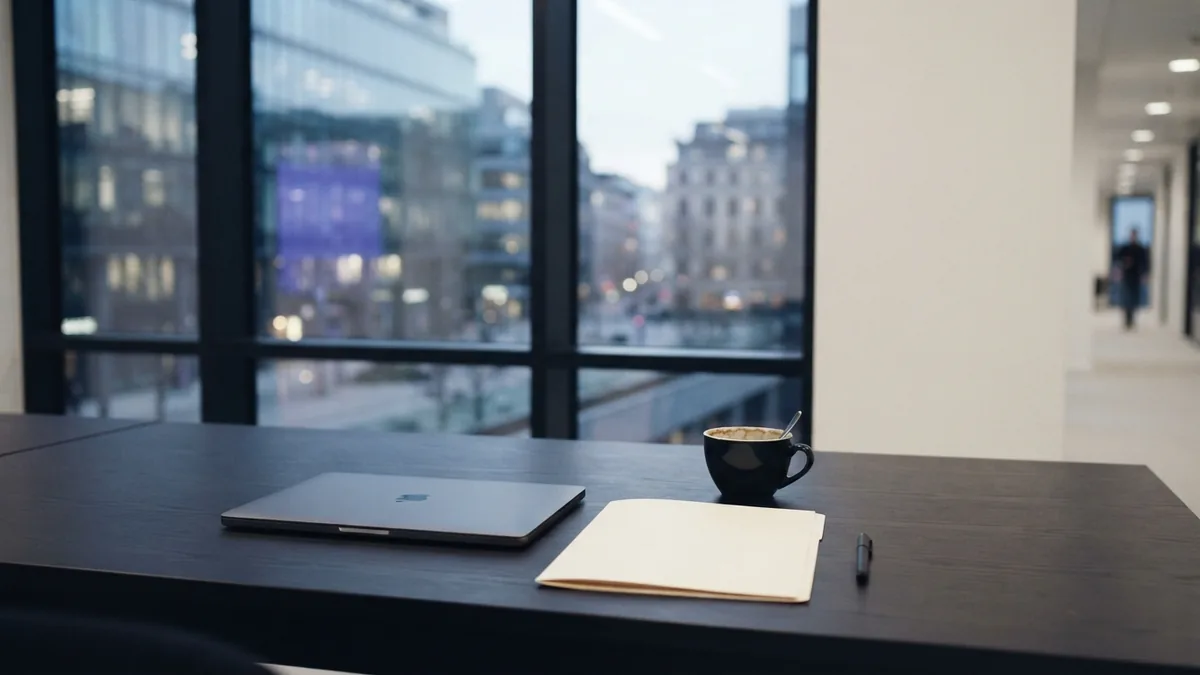 Neat co-working desk with folder and coffee in a quiet office