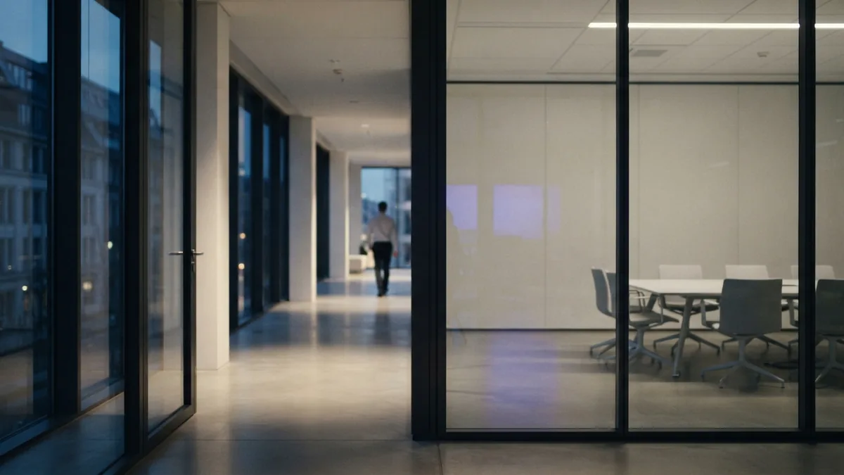 A calm setting for managing startup risks Modern European office corridor leading to a quiet boardroom