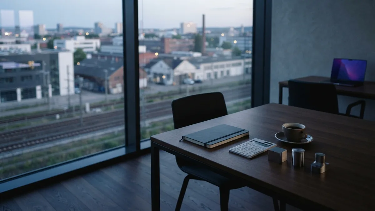 Planning desk with metal samples and business tools in a quiet European meeting room