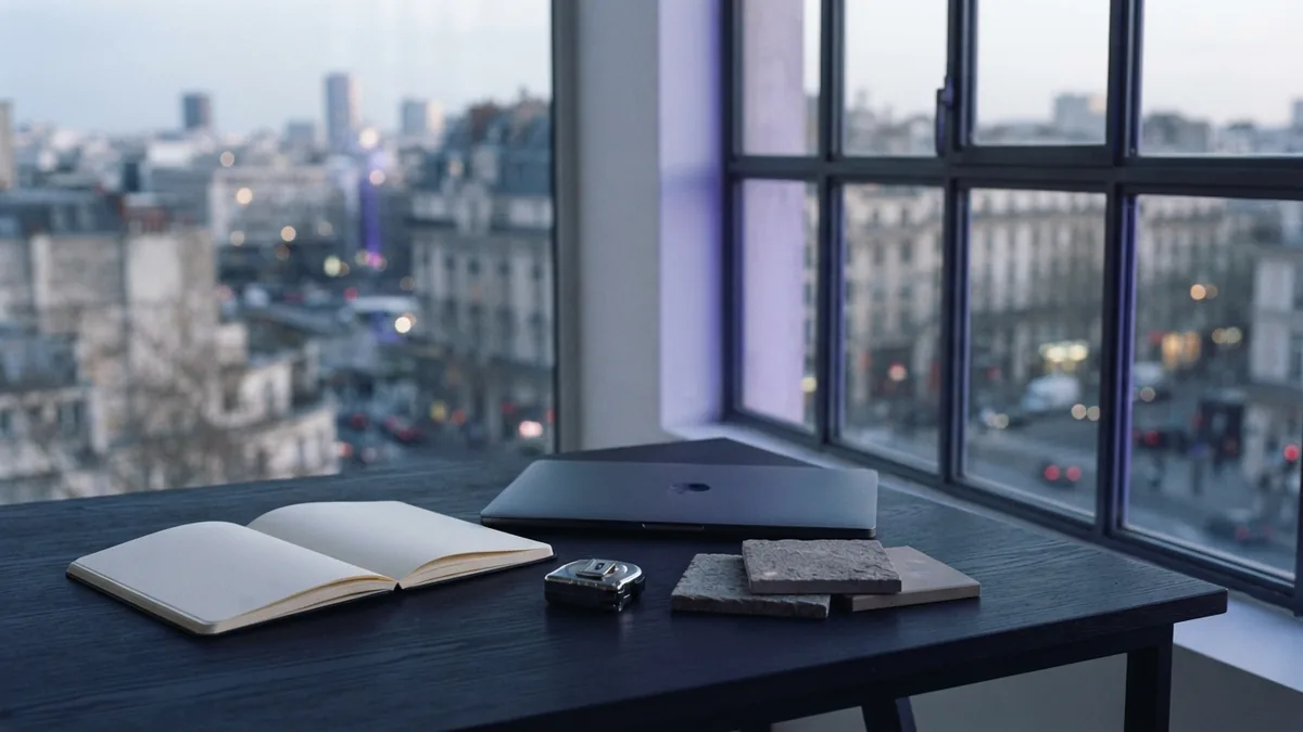 Quiet office desk with a notebook and pavement samples for planning local sealcoating work