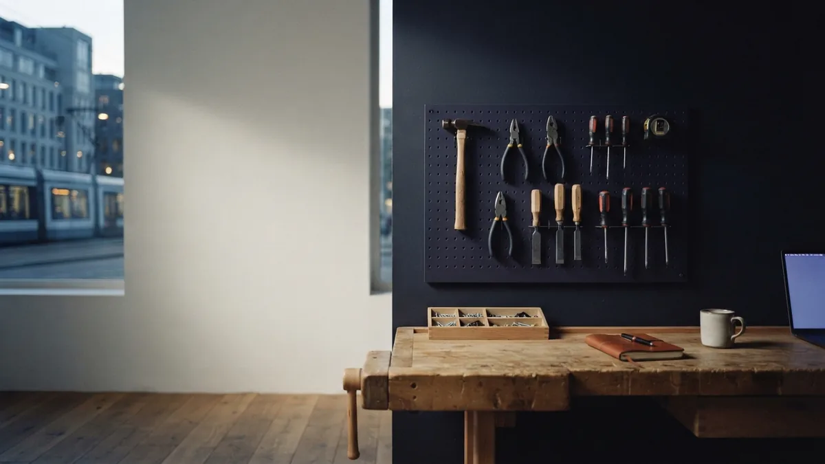 A focused workspace for skilled trade work Neatly arranged hand tools on a workbench in a quiet European workshop