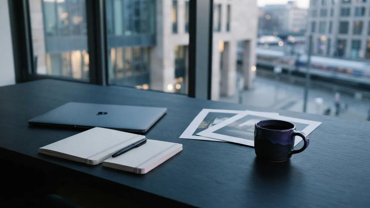 Minimal co-working desk prepared for planning an online art business