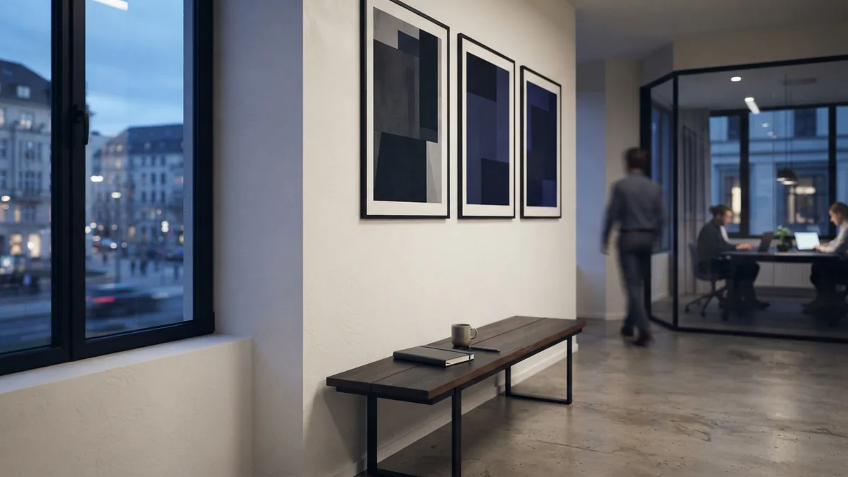 Modern European gallery interior with framed artwork and clean display space