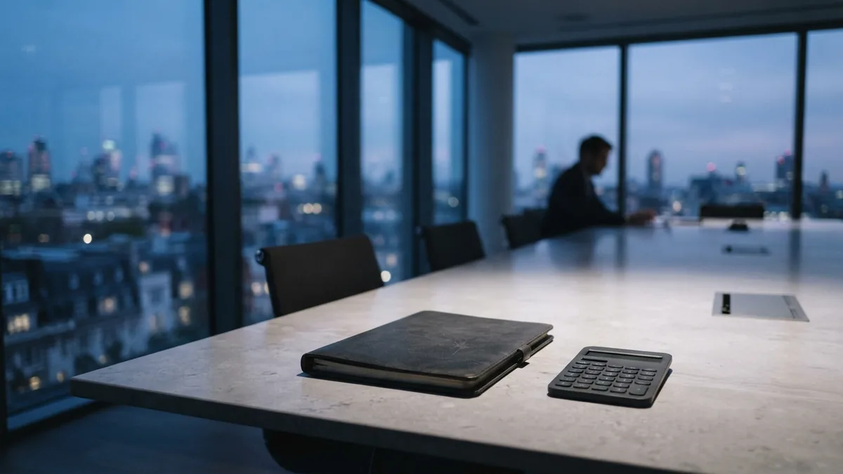 A measured view of startup funding Quiet boardroom with finance tools and city view for startup funding plans