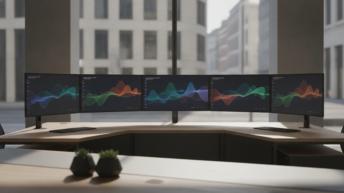 Team workspace with monitors showing performance trends for digital marketing.
