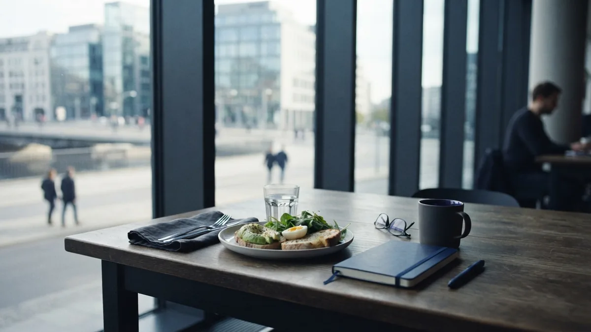 Insulin’s response to nutrients after a meal Simple meal and water on a quiet desk near a window, illustrating how insulin responds after eating