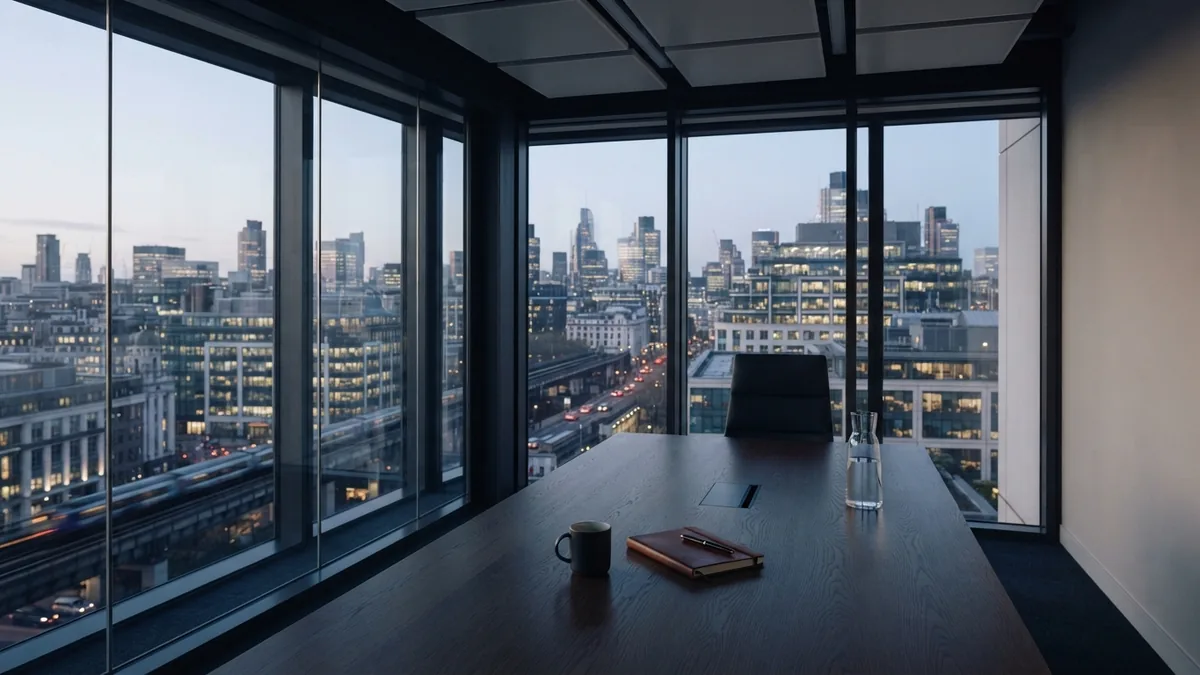 Empty European meeting room overlooking city buildings in soft daylight