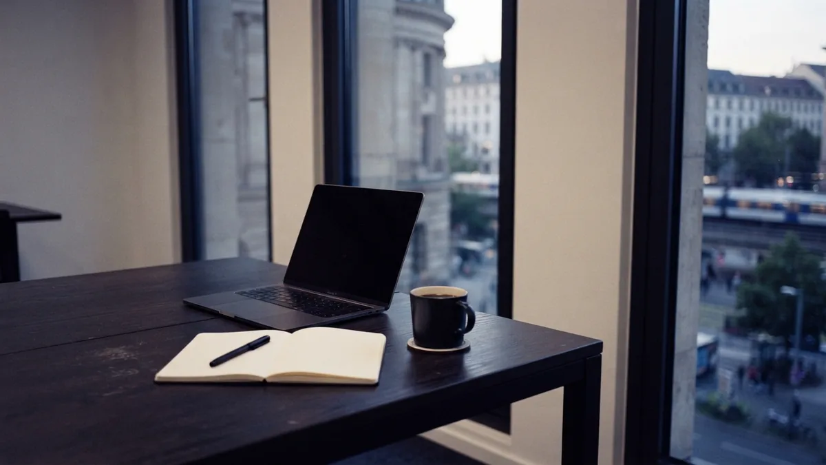 Co-working desk beside tall windows in a restrained European office