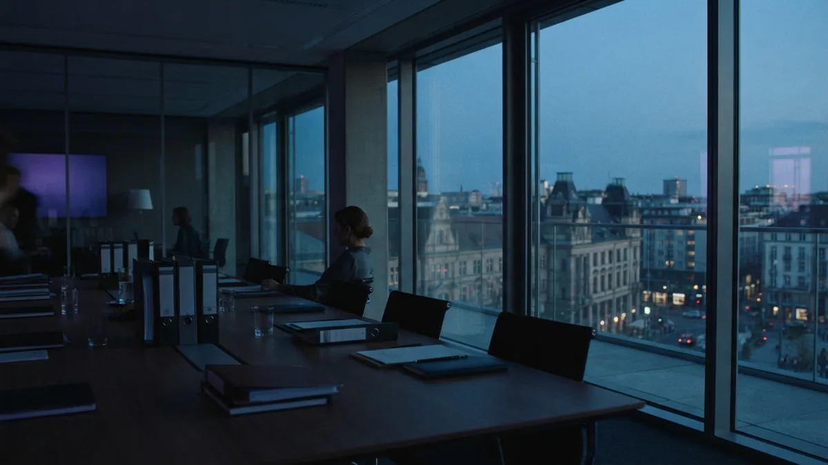Office prepared for plan review European office at dusk prepared for a business plan review
