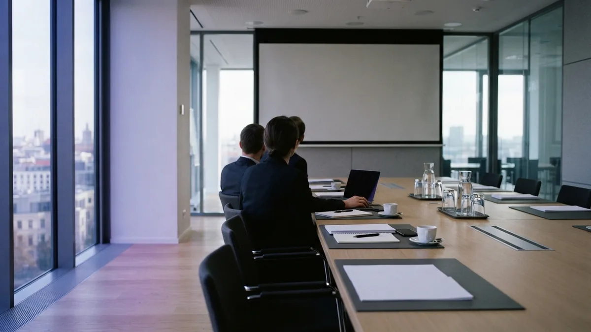 European boardroom with a planning table and distant figures in soft daylight