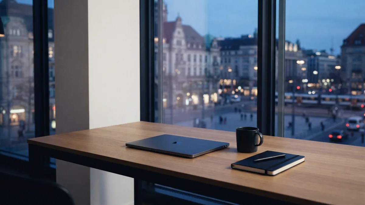 Modern co-working desk overlooking European city buildings at blue hour