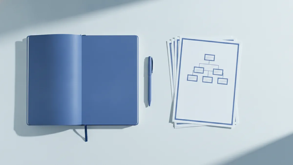 Business plan overview Organized documents and notebook on a desk representing a business plan.