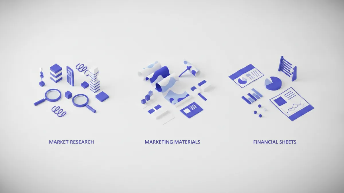 Desk sections representing market research, marketing strategy, and financial planning.