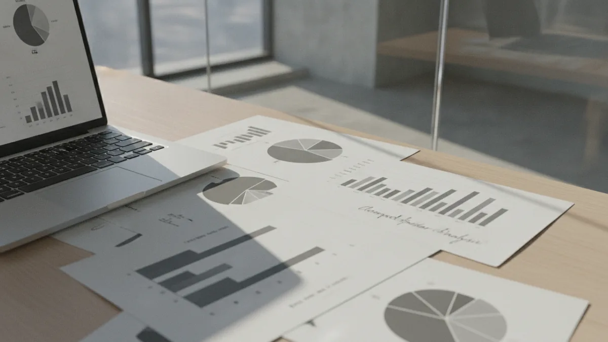 Research and competitor analysis Market research charts and competitor notes on a desk.
