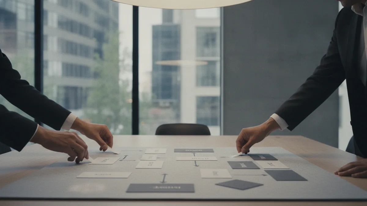 Team organizing brand strategy decisions around a table.