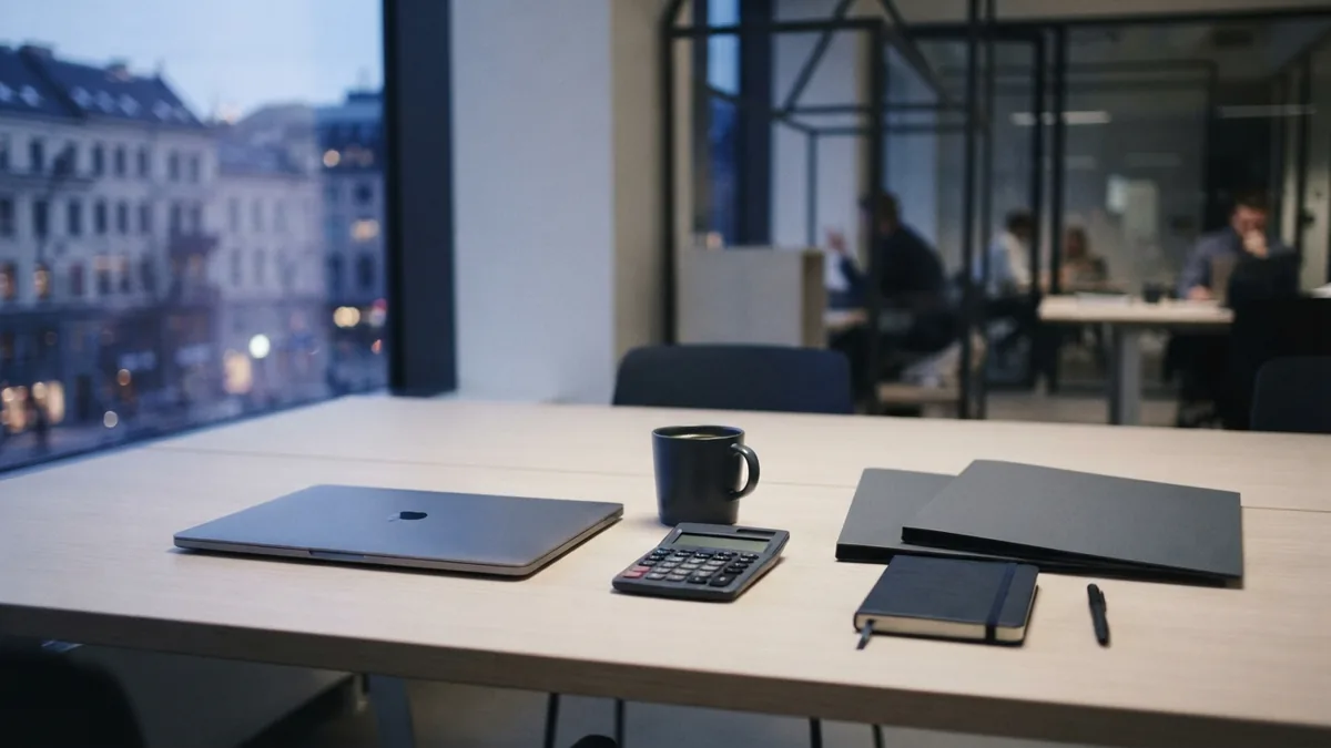 Reviewing business cover costs Co-working desk with folders and financial tools for reviewing business income cover