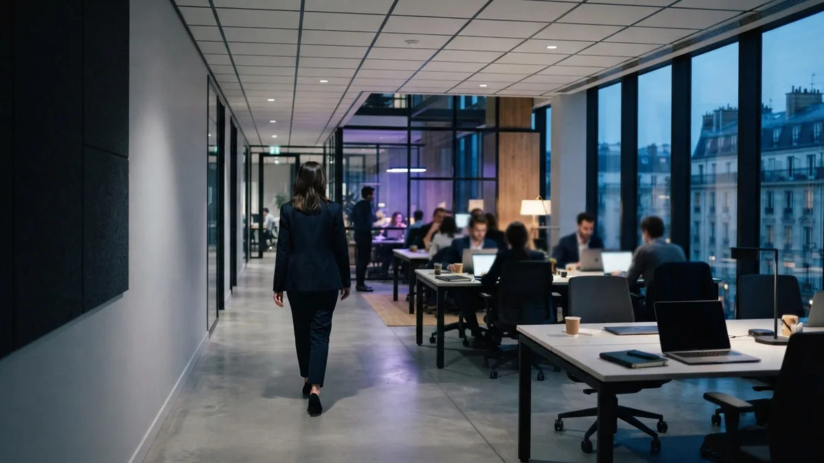 A path back to normal operations Modern office corridor leading toward a temporary workspace during business recovery