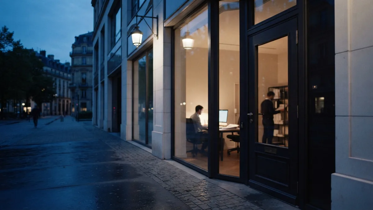 European business street at dusk showing a quiet storefront during a temporary closure