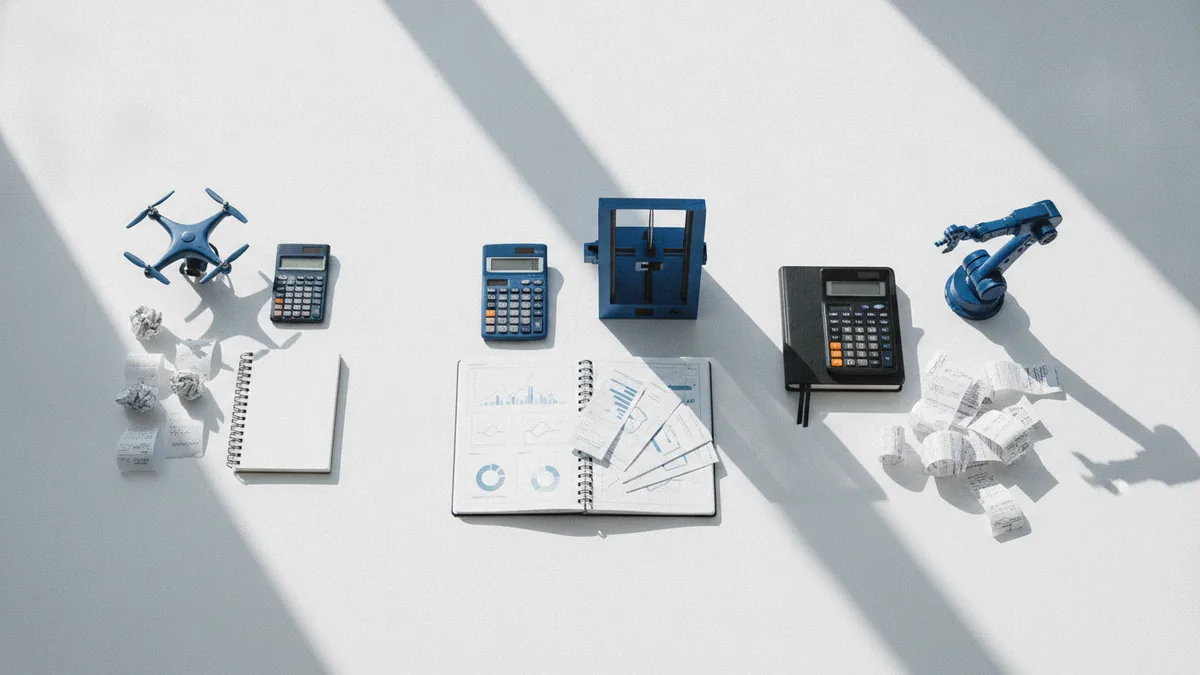 Entrepreneur comparing business budgets with calculator and planning notes