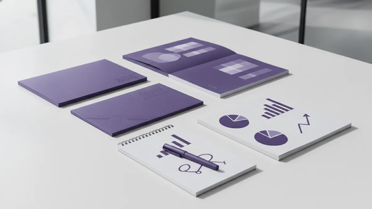 Brand materials and a style guide mockup being reviewed on a desk