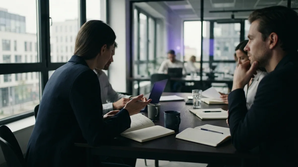 Shared European office table with notebooks that suggest a central customer record