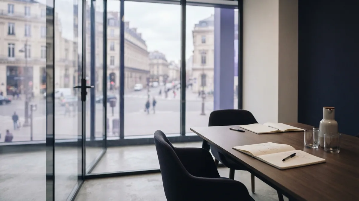 Empty glass meeting room set for a calm sales and marketing planning session