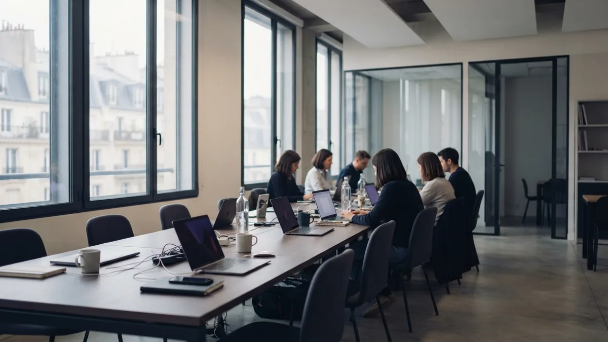 Modern European office interior with shared tables and tall windows