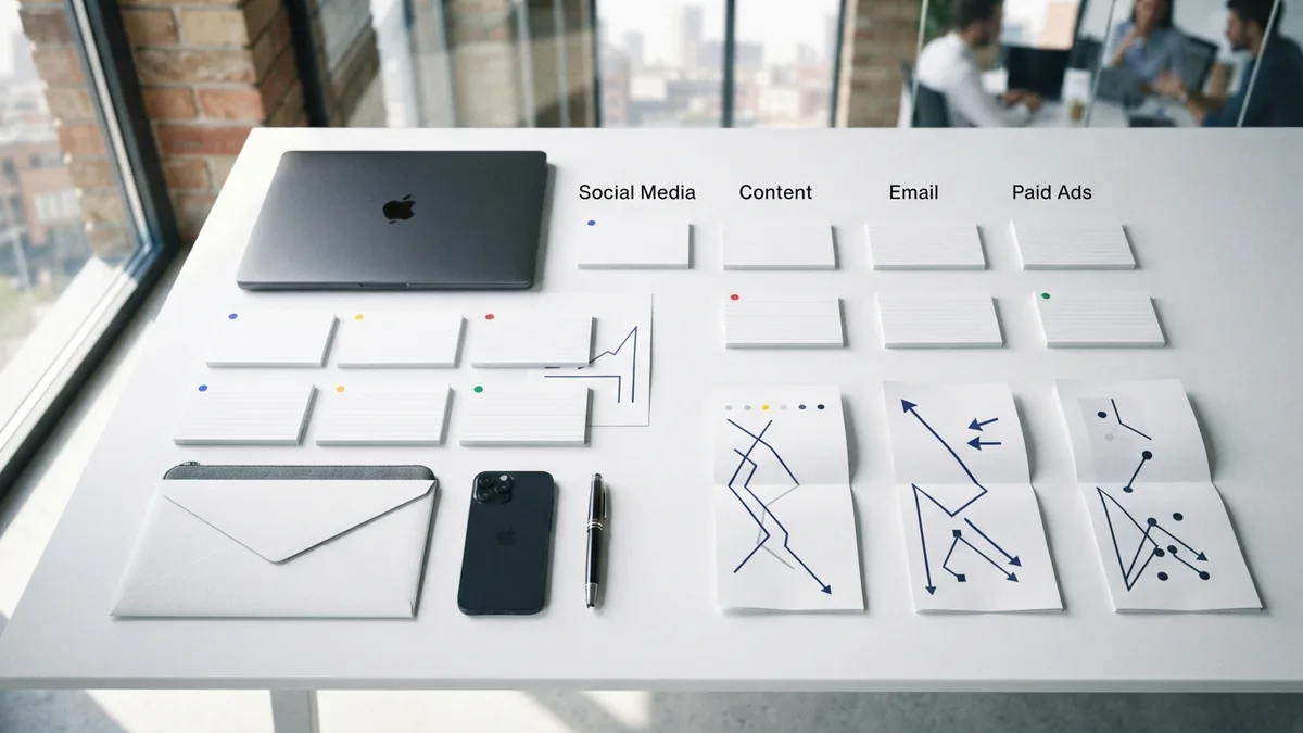 Digital marketing channel planning Marketing channel planning materials arranged beside a laptop and notebook