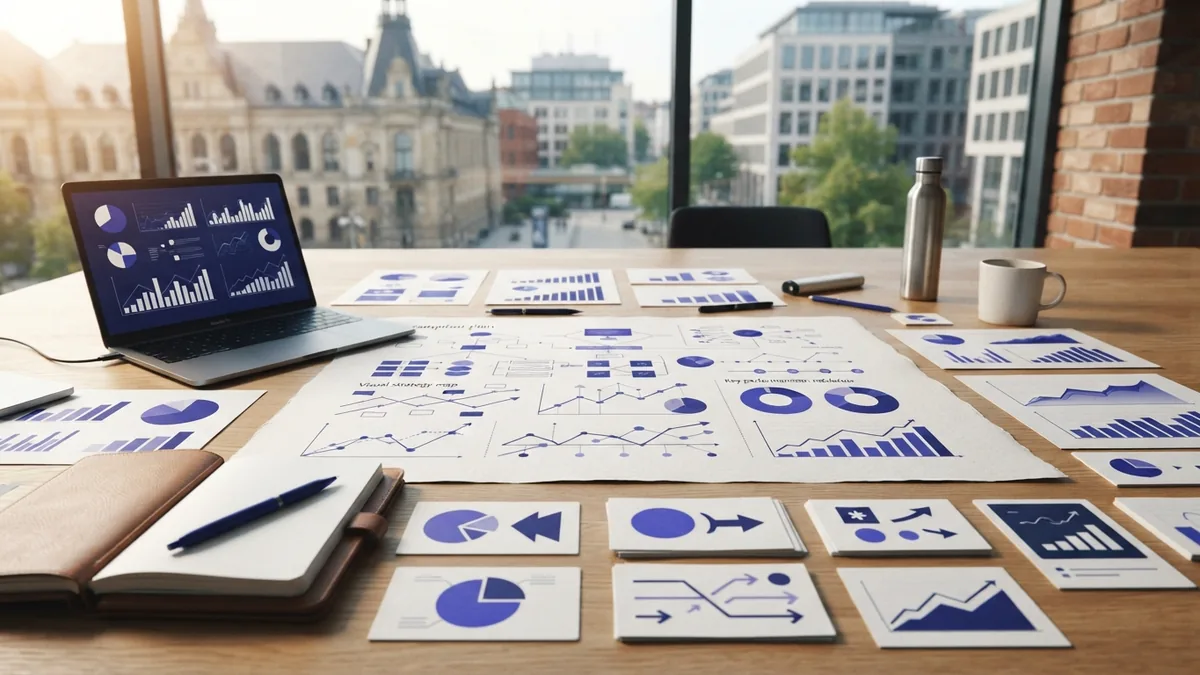Campaign team workspace with charts, notes, and a laptop for role planning