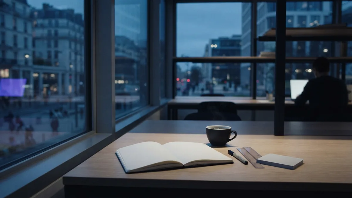 Co-working desk with blank notebook and planning materials in natural light
