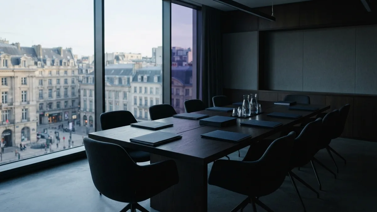 Quiet European boardroom prepared for a business plan review