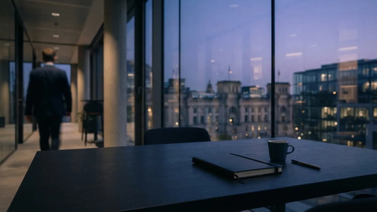 Final business plan review at dusk Glass office overlooking European city architecture during a calm dusk review