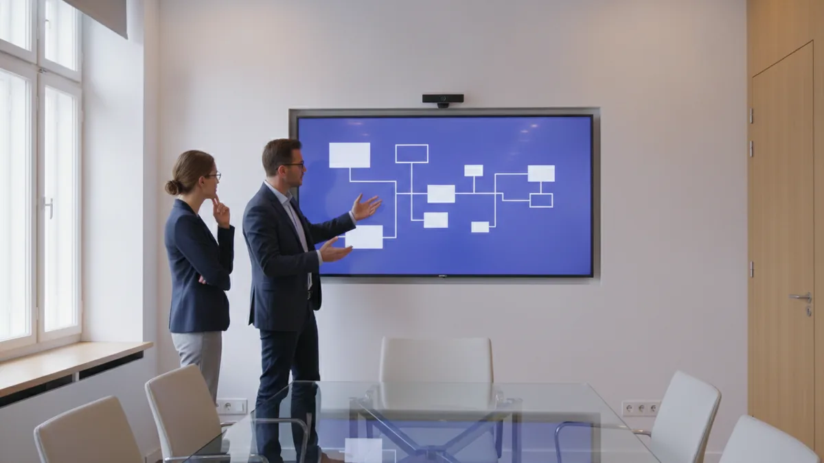 A consultant and client reviewing a process map in a meeting room.