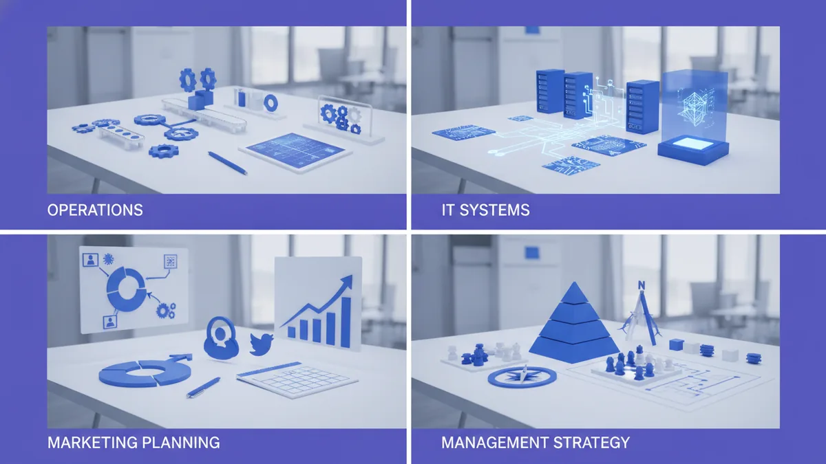 Common consulting service types Multiple consulting service areas represented by organized boards and workspaces.